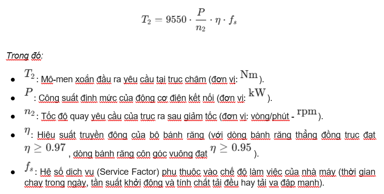 Hộp giảm tốc Nord: Công thức tính mô-men xoắn định mức đầu ra