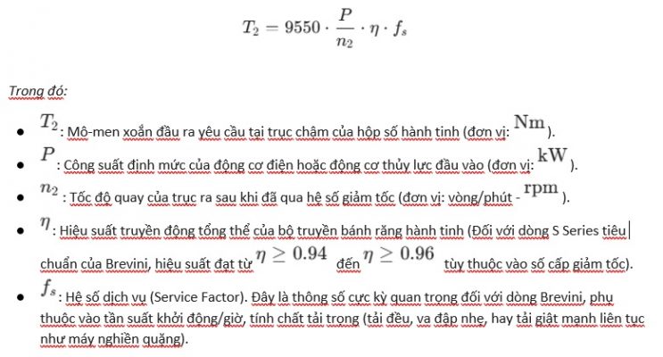 Brevini: Công thức tính mô-men xoắn định mức đầu ra